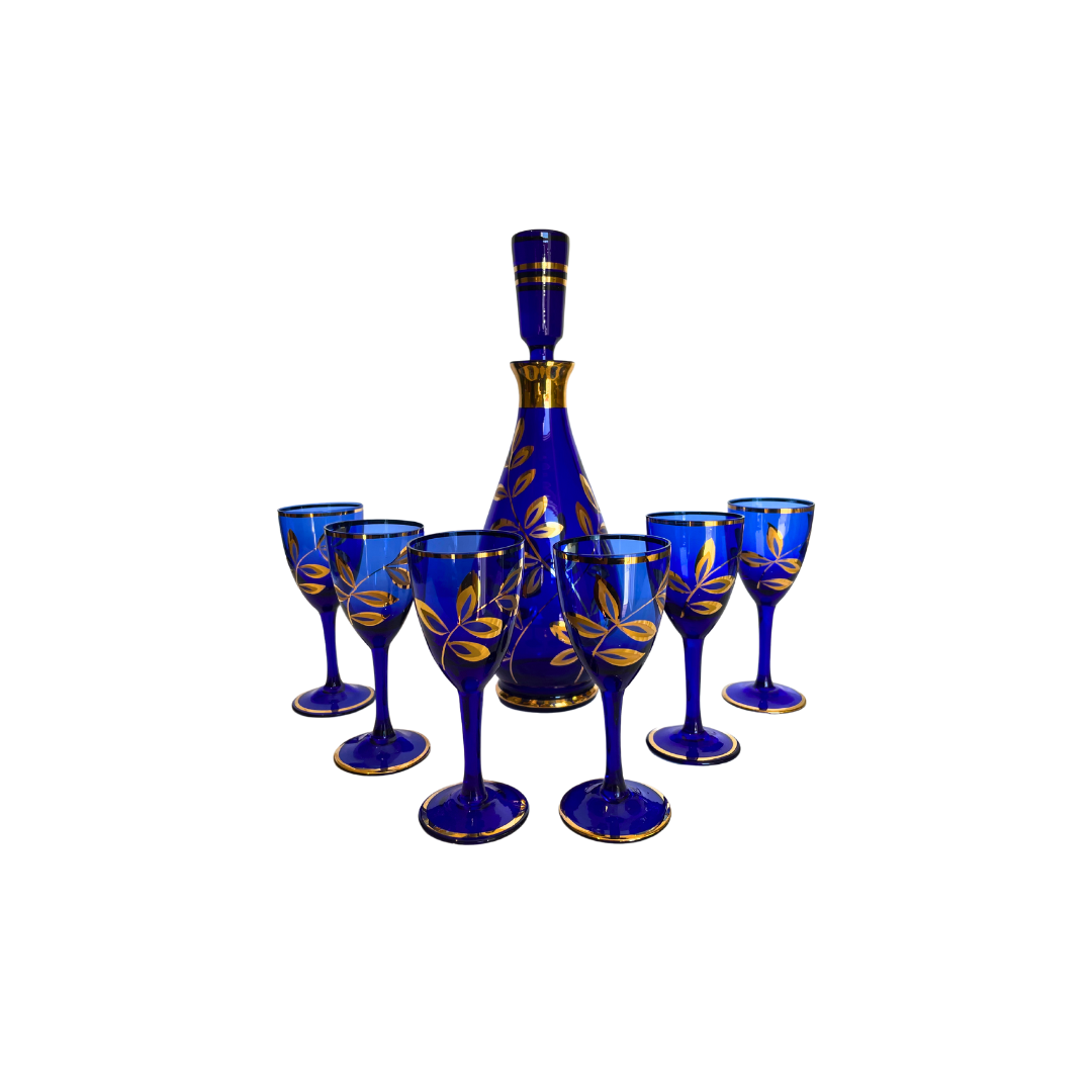 Exquisite Cobalt Blue Crystal Decanter Set with Gold Overlay (7 Pieces)