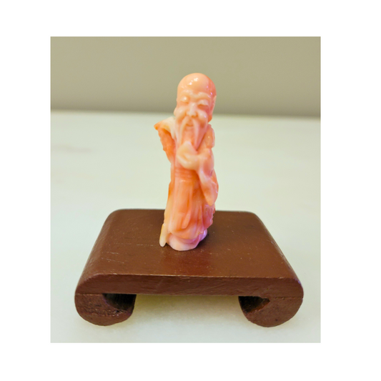 Antique Pink Coral Carved Statue on Wooden Stand, 2 inches.