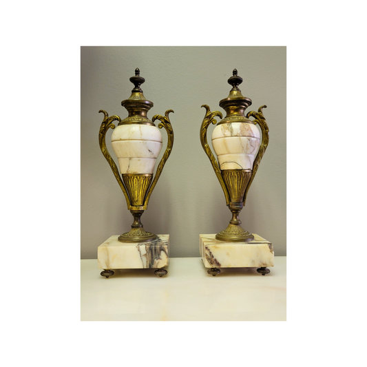 Pair of Antique Marble and Brass Vase