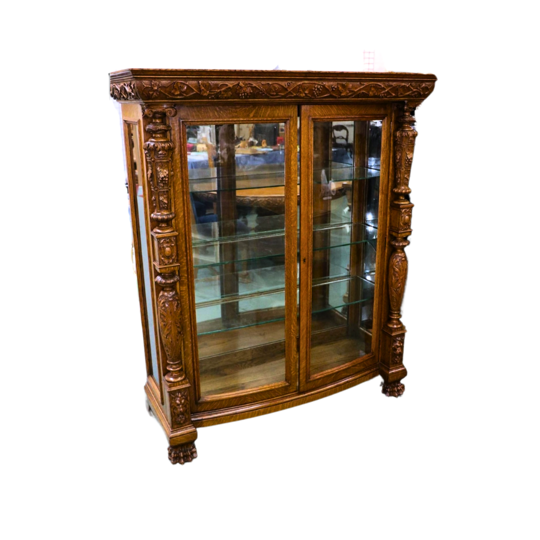 Antique Quarter Cut Oak Heavily Carved China Cabinet by A.J. Johnson &amp; Sons,