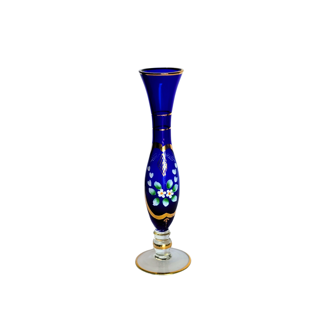 Blue Glass Vase with Gold and Floral Accents