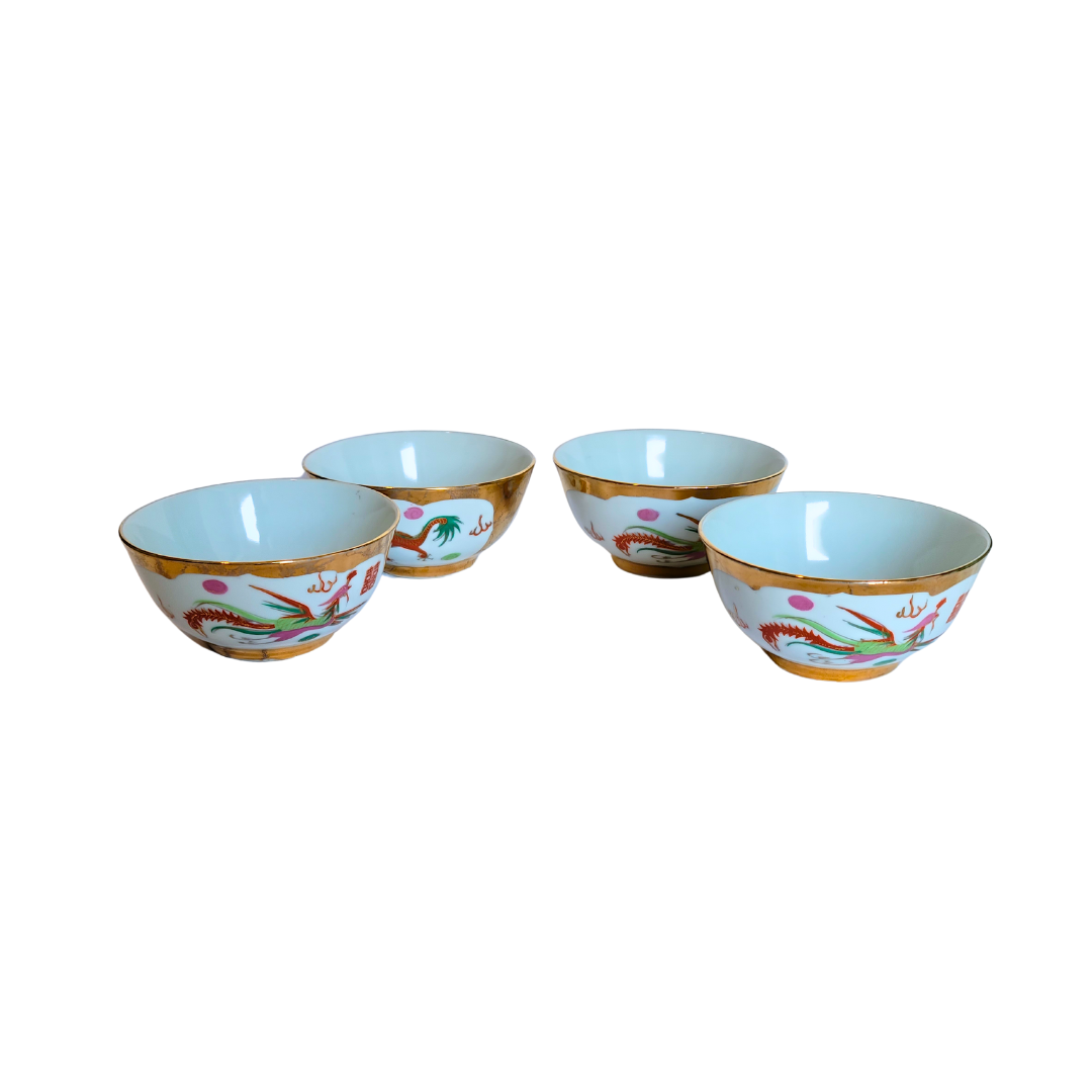 Set of 4 Vintage Chinese Porcelain Bowls with Gold Detailing and Bird Design