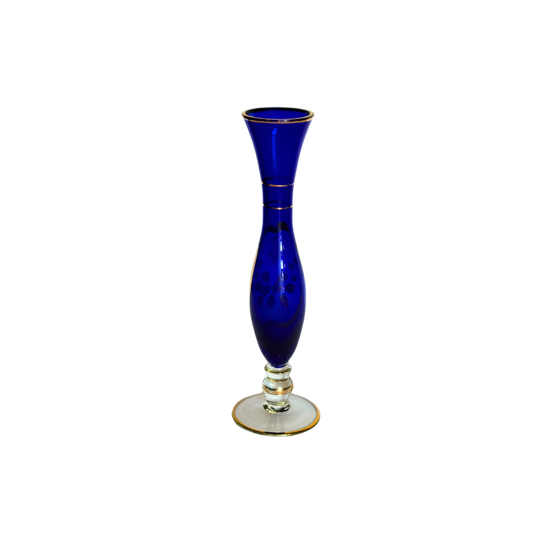 Blue Glass Vase with Gold and Floral Accents