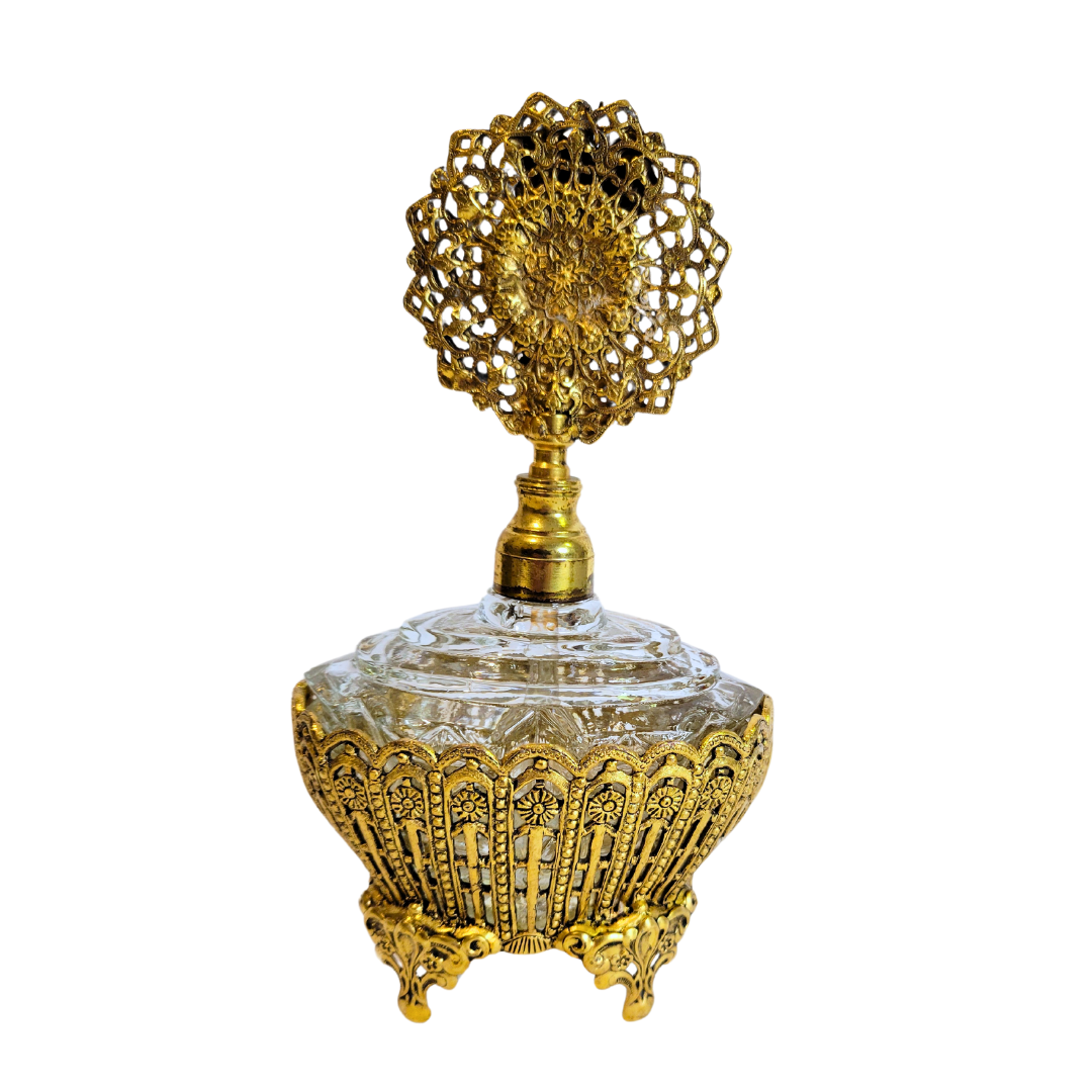 Vintage Ornate Brass Perfume Bottle with Glass Base