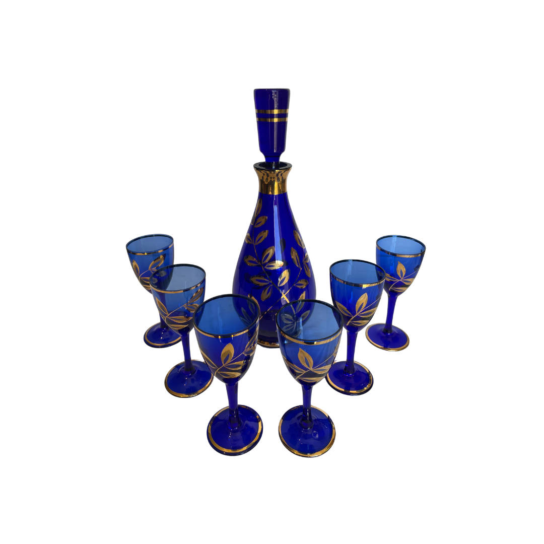 Exquisite Cobalt Blue Crystal Decanter Set with Gold Overlay (7 Pieces)