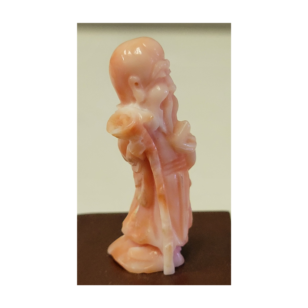 Antique Pink Coral Carved Statue on Wooden Stand, 2 inches.