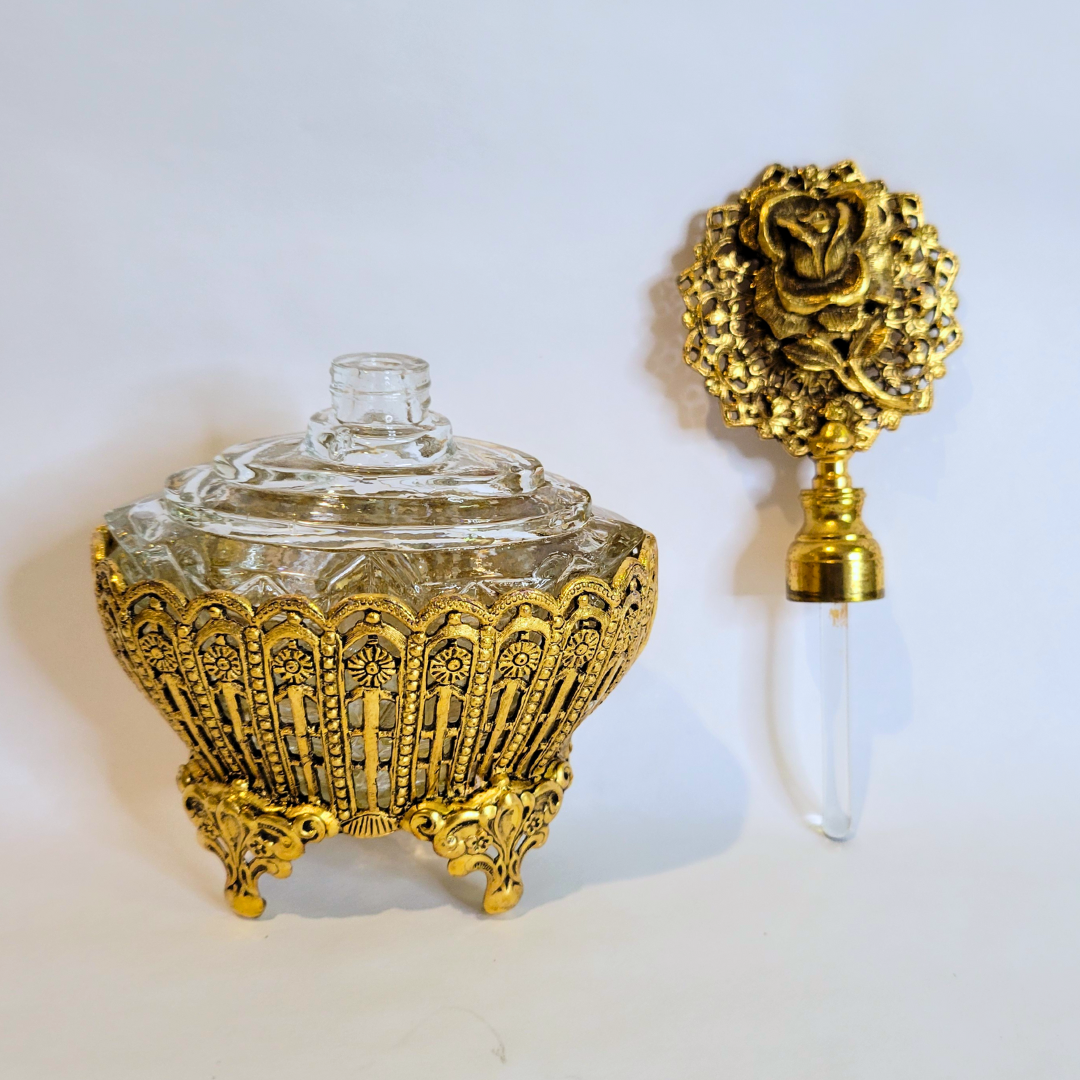 Vintage Ornate Brass Perfume Bottle with Glass Base