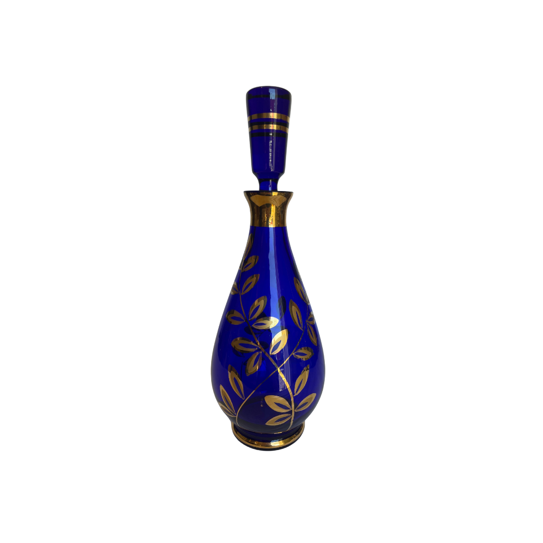 Exquisite Cobalt Blue Crystal Decanter Set with Gold Overlay (7 Pieces)