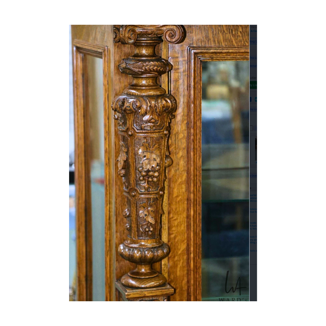 Antique Quarter Cut Oak Heavily Carved China Cabinet by A.J. Johnson &amp; Sons,