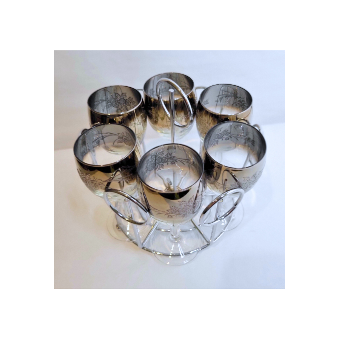 Set of 6 Vintage Mercury Glass Wine Goblets with Floral Etchings