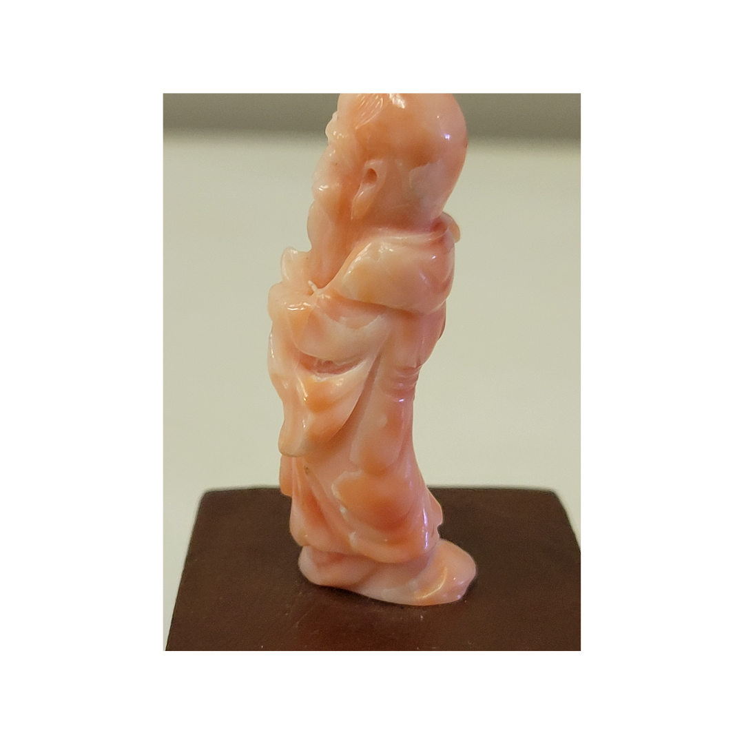 Antique Pink Coral Carved Statue on Wooden Stand, 2 inches.