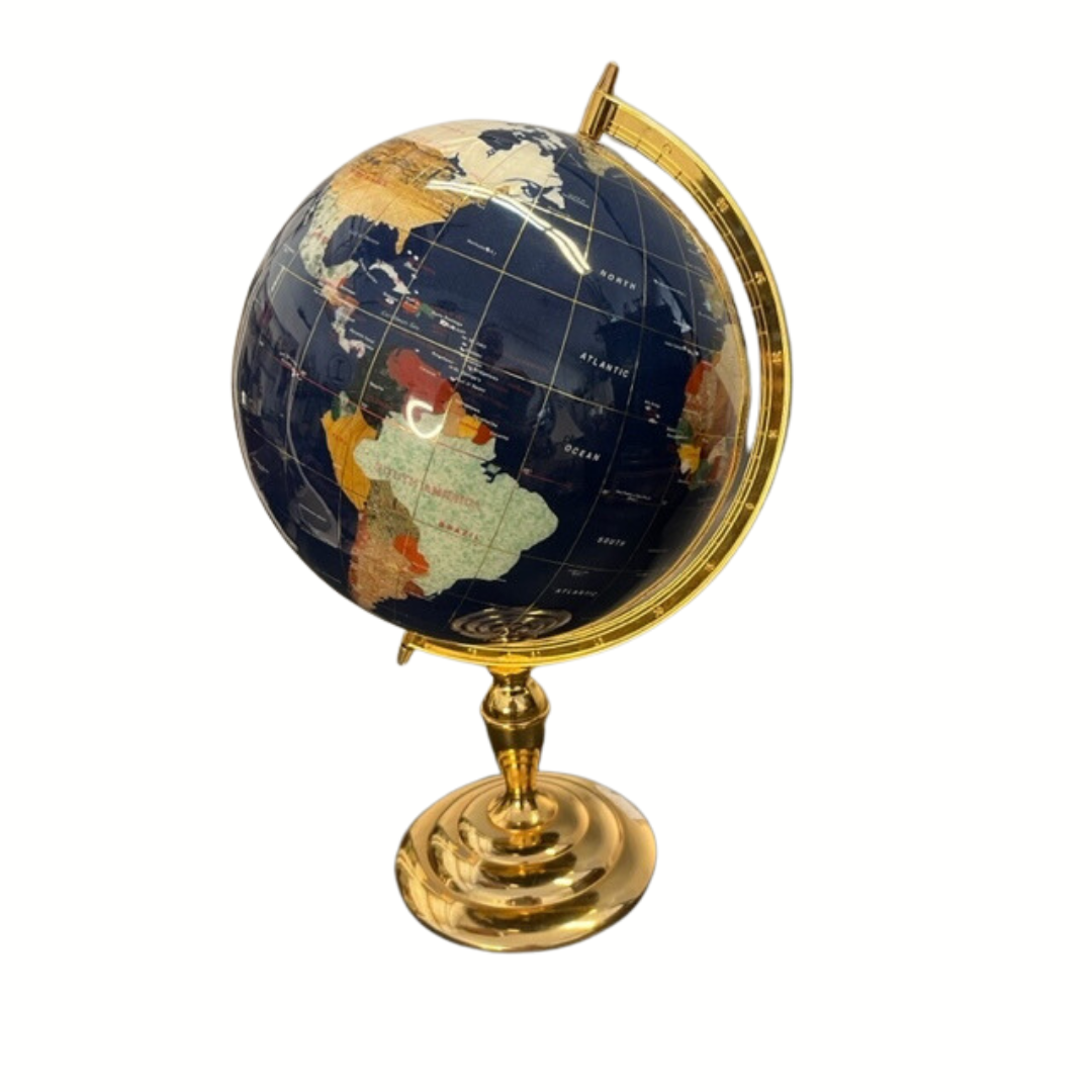 Precious Gemstone World Globe With Brass Base