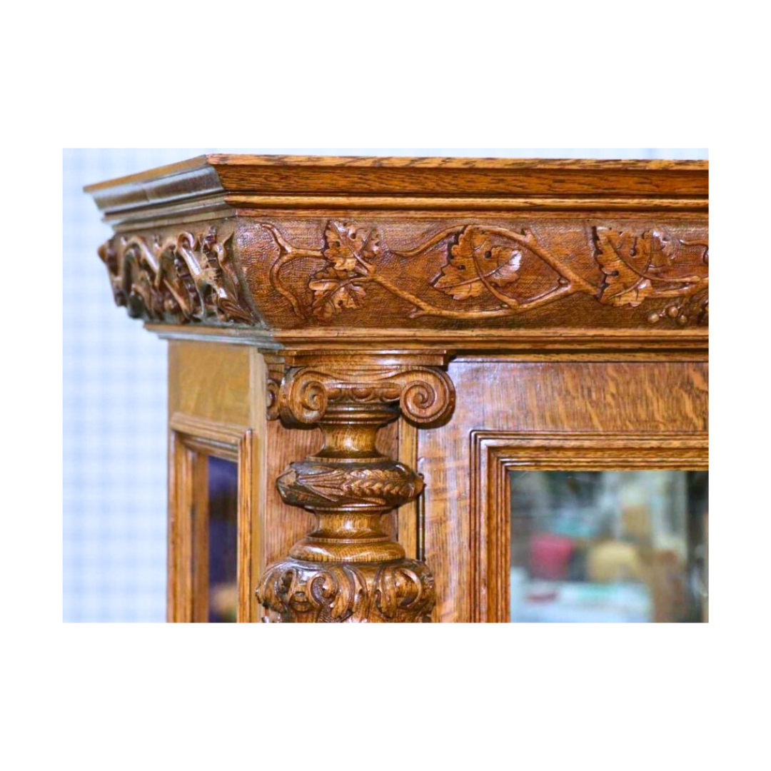 Antique Quarter Cut Oak Heavily Carved China Cabinet by A.J. Johnson &amp; Sons,