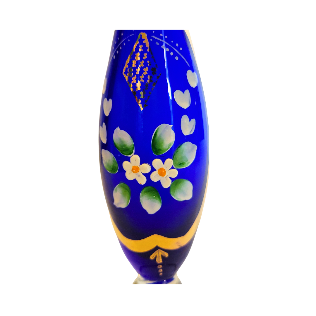 Blue Glass Vase with Gold and Floral Accents