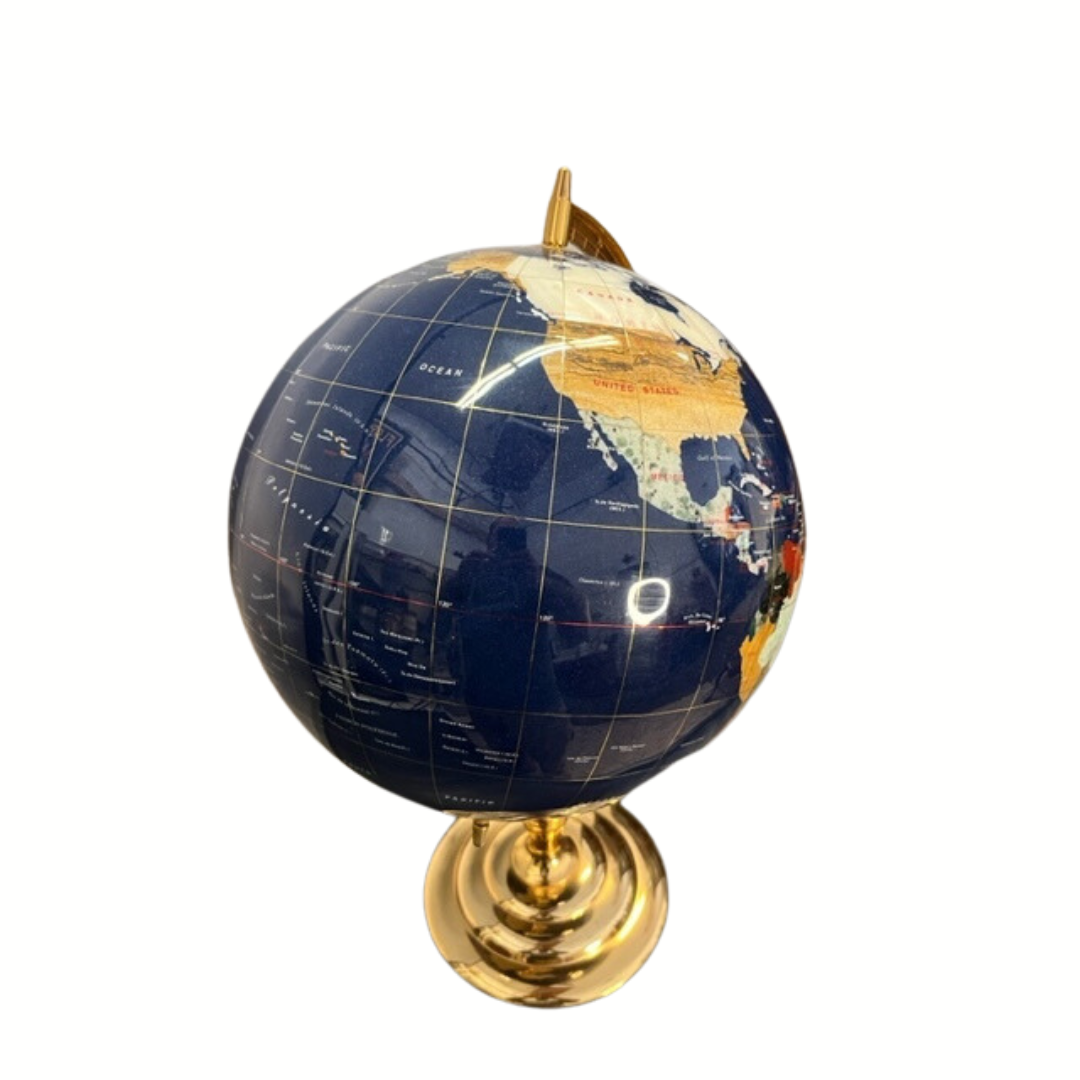 Precious Gemstone World Globe With Brass Base