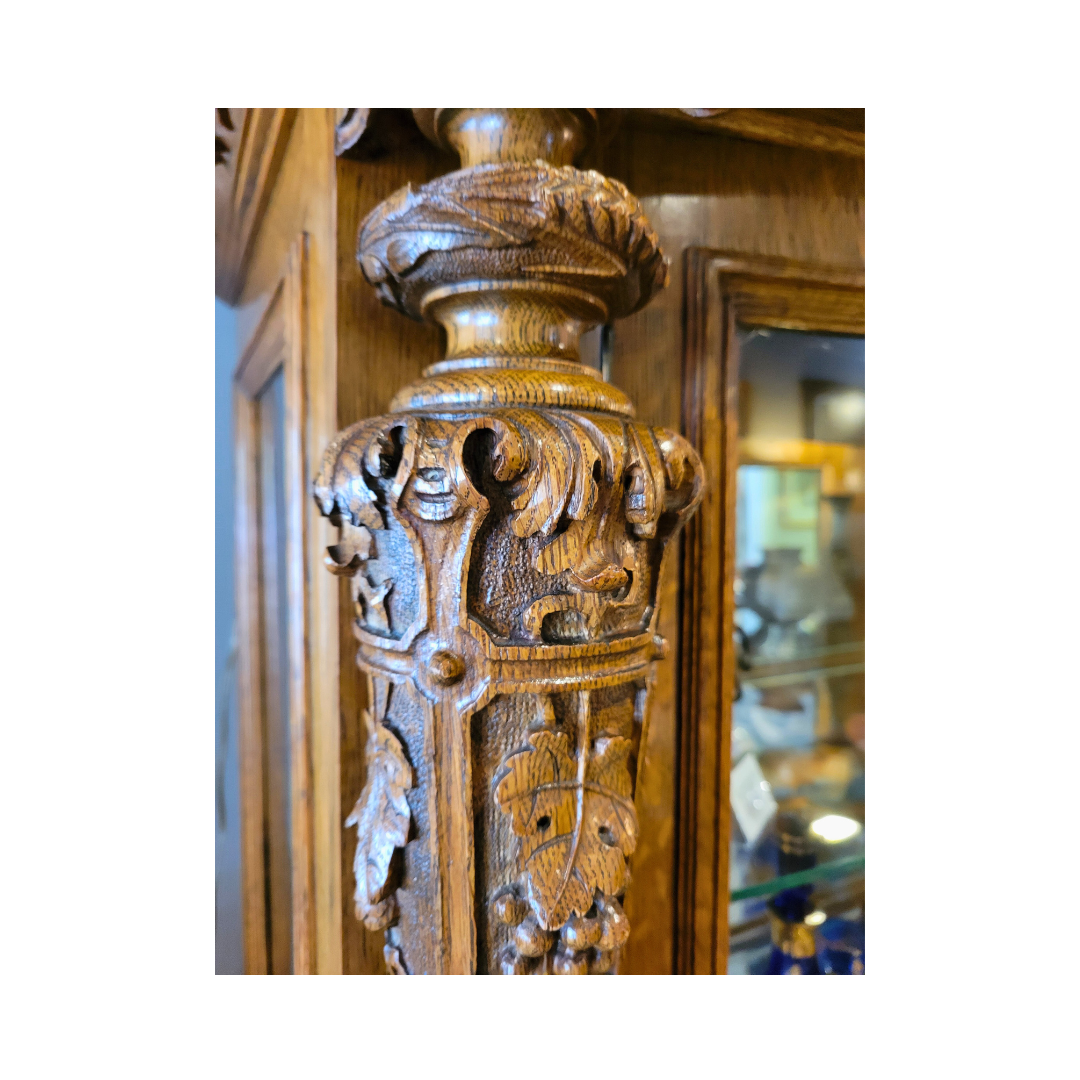 Antique Quarter Cut Oak Heavily Carved China Cabinet by A.J. Johnson &amp; Sons,