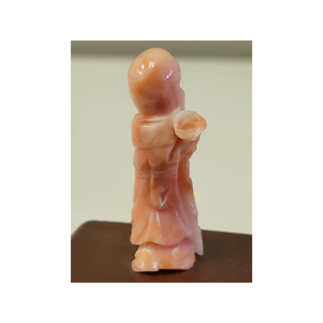 Antique Pink Coral Carved Statue on Wooden Stand, 2 inches.