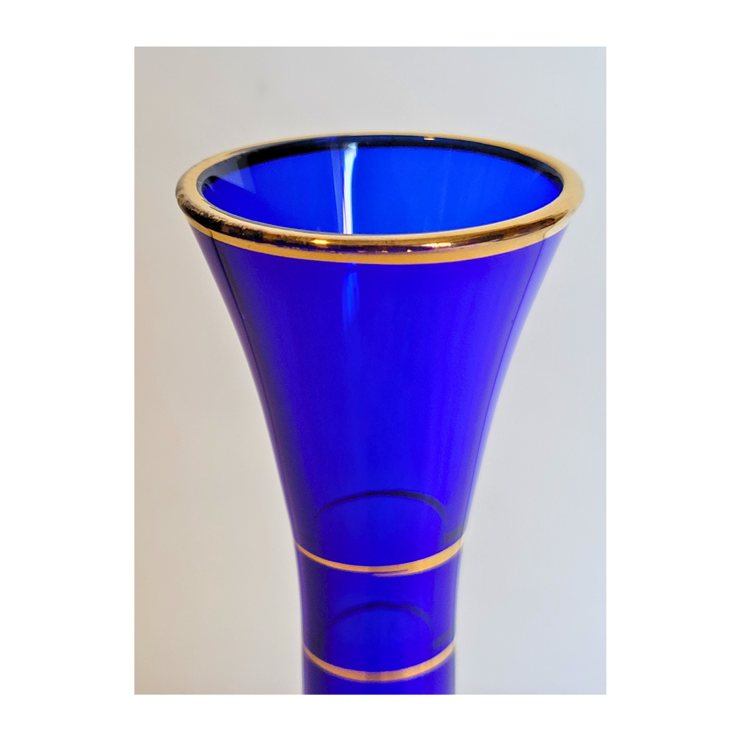 Blue Glass Vase with Gold and Floral Accents