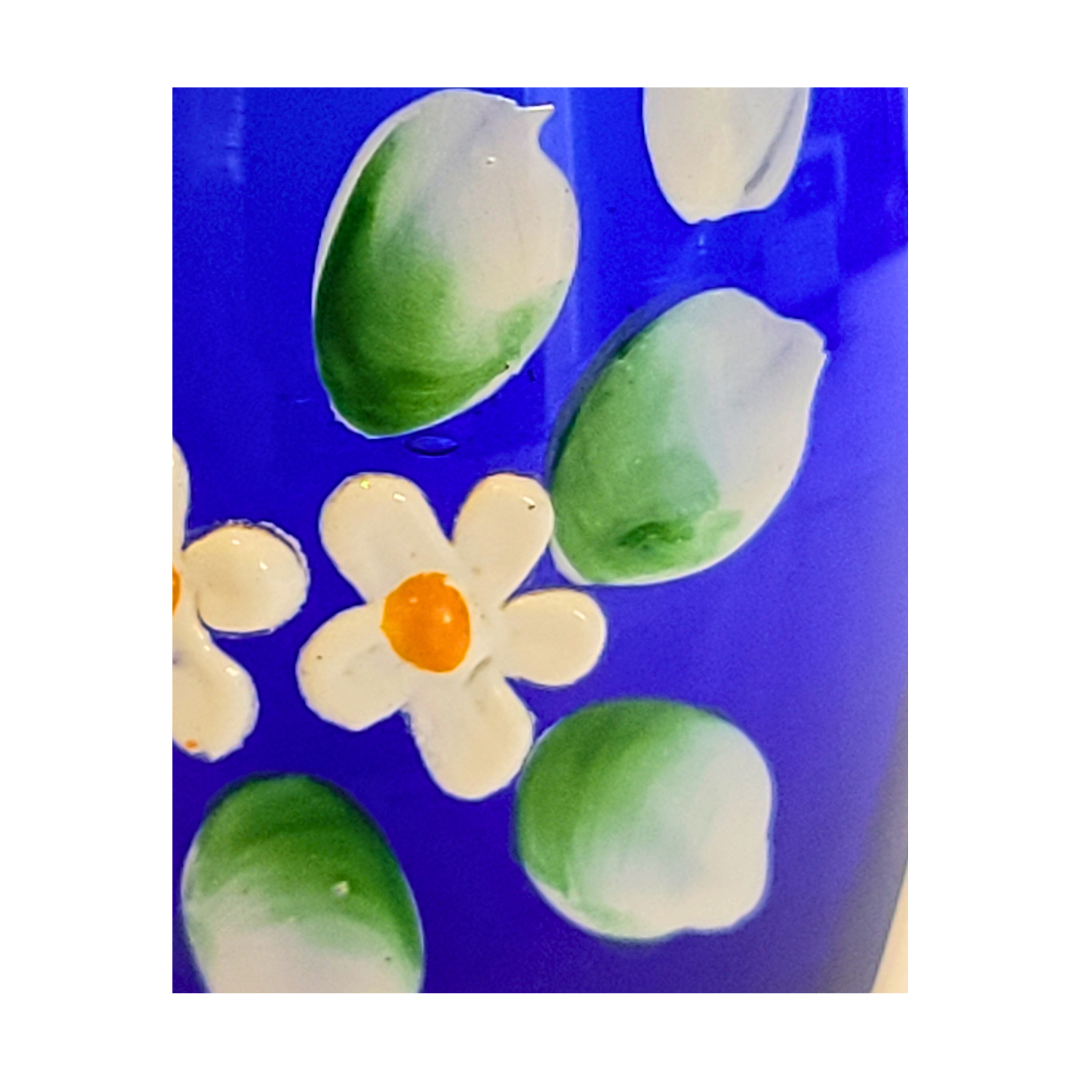 Blue Glass Vase with Gold and Floral Accents