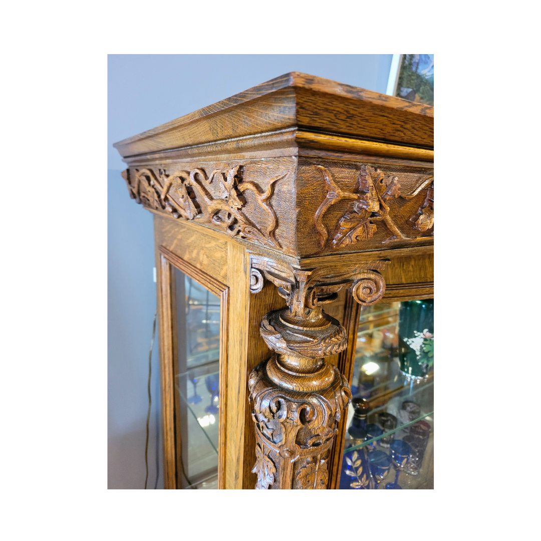 Antique Quarter Cut Oak Heavily Carved China Cabinet by A.J. Johnson &amp; Sons,