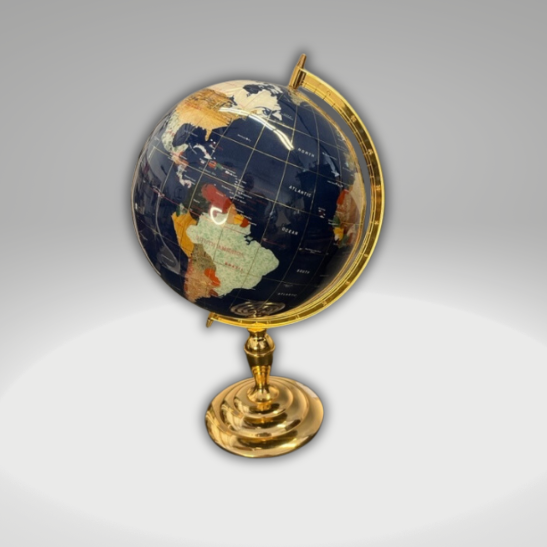 Precious Gemstone World Globe With Brass Base